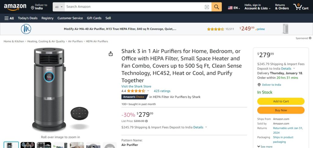 Shark 3-in-1 Air Purifier, Heater & Fan with NanoSeal HEPA