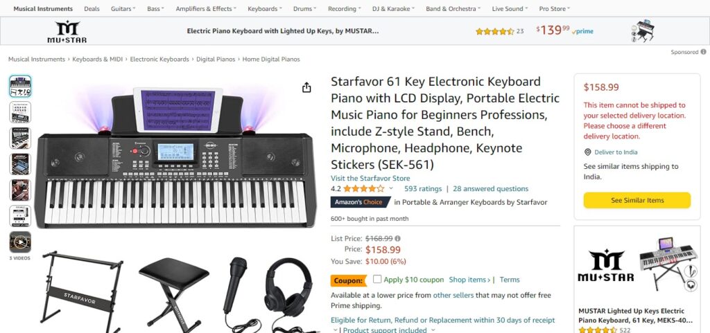 Starfavor 61 Key Electronic Keyboard Piano with LCD Display, Portable Electric Music Piano for Beginners Professions, include Z-style Stand, Bench, Microphone, Headphone, Keynote Stickers (SEK-561)