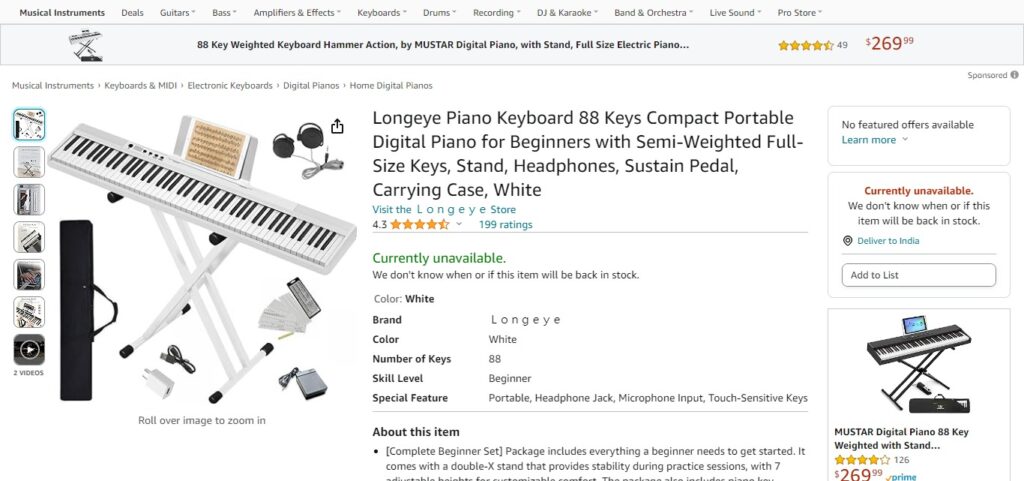 Longeye Piano Keyboard 88 Keys Compact Digital Piano for Beginners