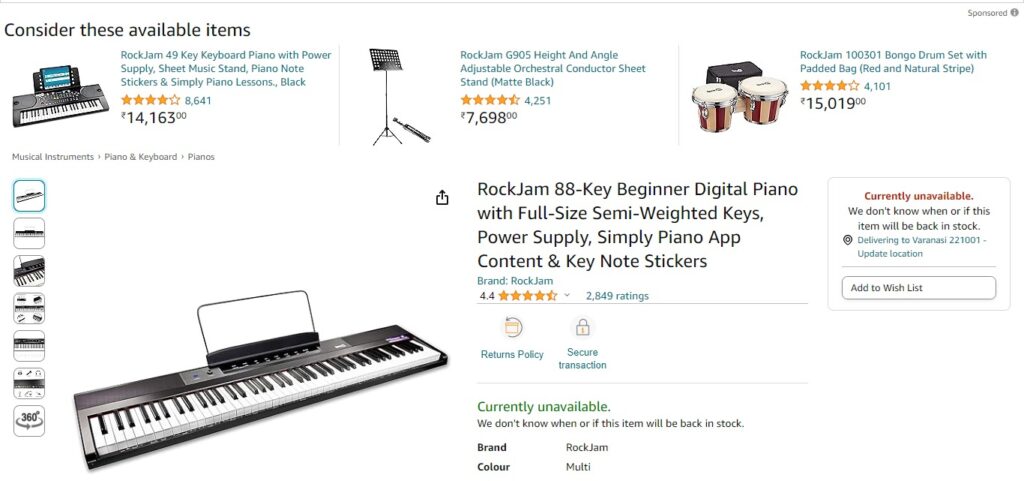 RockJam 88 Key Digital Piano with Full Size Semi-Weighted Keys, Power Supply, Sheet Music Stand, Piano Note Stickers & Simply Piano Lessons