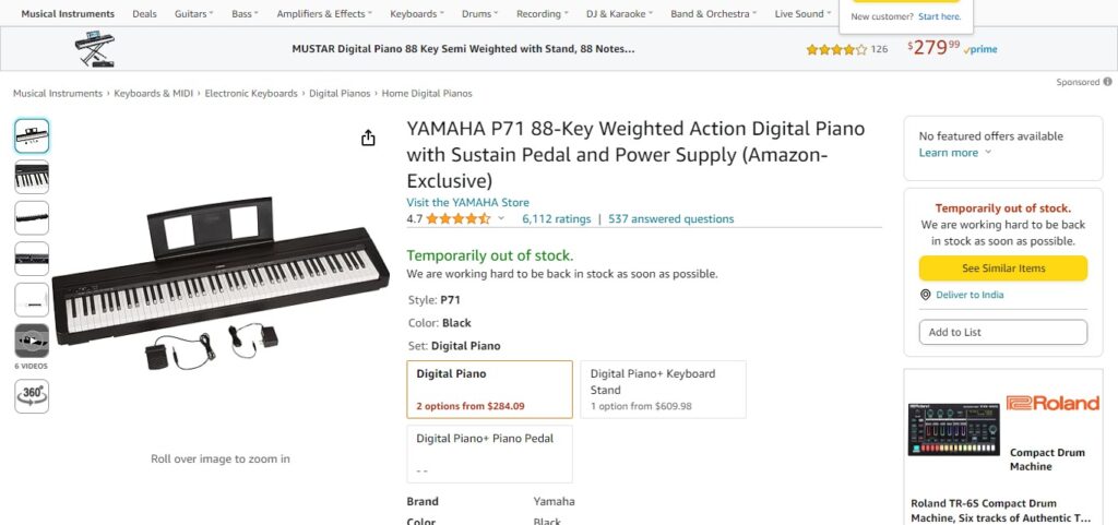 YAMAHA P71 88-Key Weighted Action Digital Piano