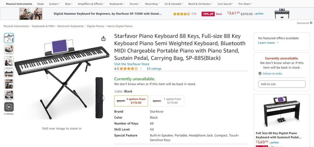 Starfavor Piano Keyboard 88 Keys, Full-size 88 Key Keyboard Piano Semi Weighted Keyboard, Bluetooth MIDI Chargeable Portable Piano with Piano Stand, Sustain Pedal, Carrying Bag, SP-88S(Black)