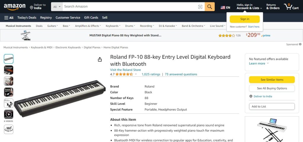 Roland FP-10 88-key Entry Level Digital Keyboard with Bluetooth