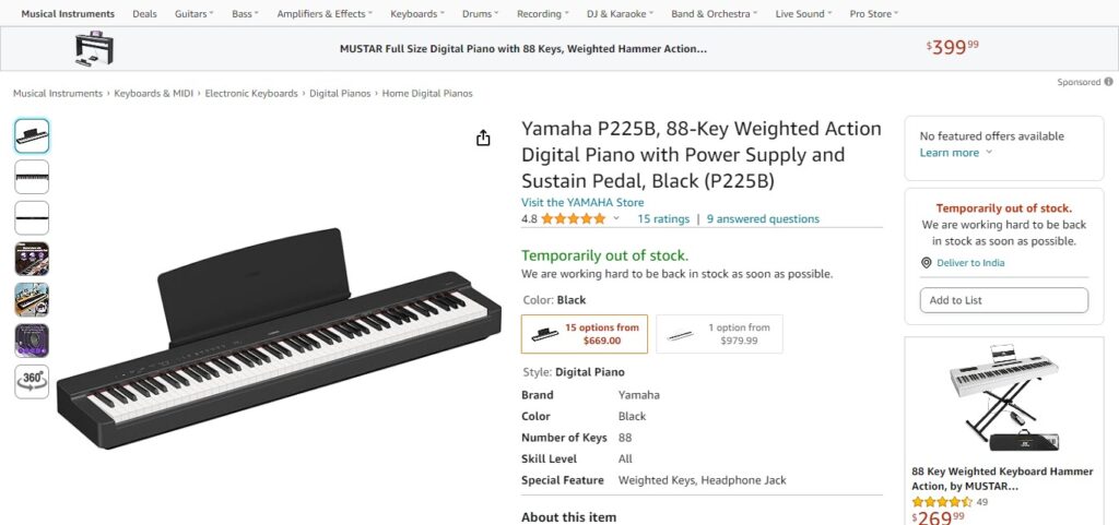 Yamaha P225B, 88-Key Weighted Action Digital Piano with Power Supply and Sustain Pedal, Black (P225B)