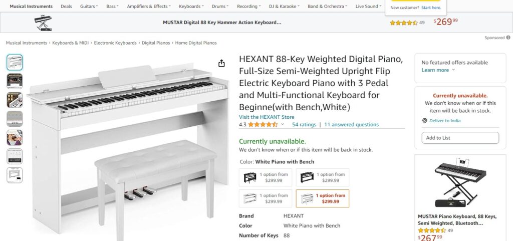 HEXANT 88-Key Weighted Digital Piano, Full-Size Semi-Weighted Upright Flip Electric Keyboard Piano with 3 Pedal and Multi-Functional Keyboard for Beginne(with Bench,White）