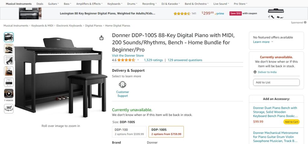 Donner DDP-100S 88-Key Digital Piano with MIDI, 200 Sounds/Rhythms, Bench - Home Bundle for Beginner/Pro