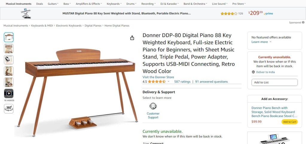 Donner DDP-80 Digital Piano 88 Key Weighted Keyboard