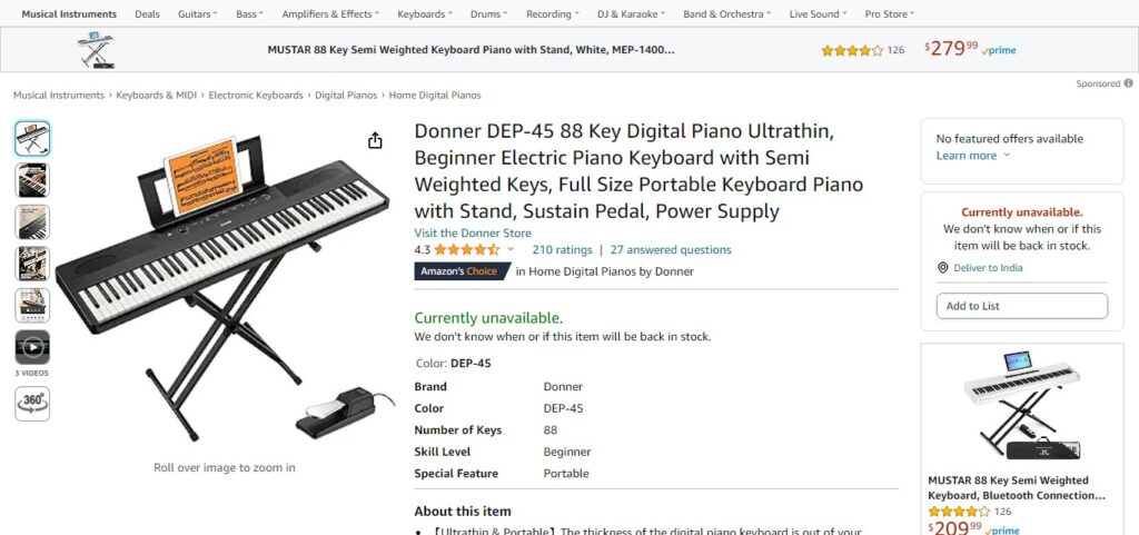 Donner DEP-45 88 Key Digital Piano Ultrathin, Beginner Electric Piano Keyboard with Semi Weighted Keys, Full Size Portable Keyboard Piano with Stand, Sustain Pedal, Power Supply