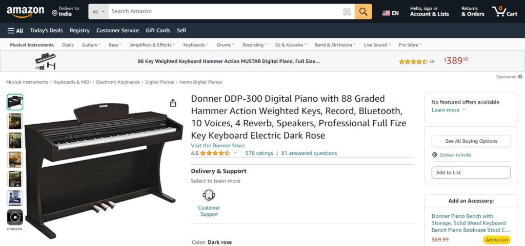 Donner DDP-300 Digital Piano with 88 Graded Hammer Action Weighted Keys, Record, Bluetooth, 10 Voices, 4 Reverb, Speakers, Professional Full Fize Key Keyboard Electric Dark Rose