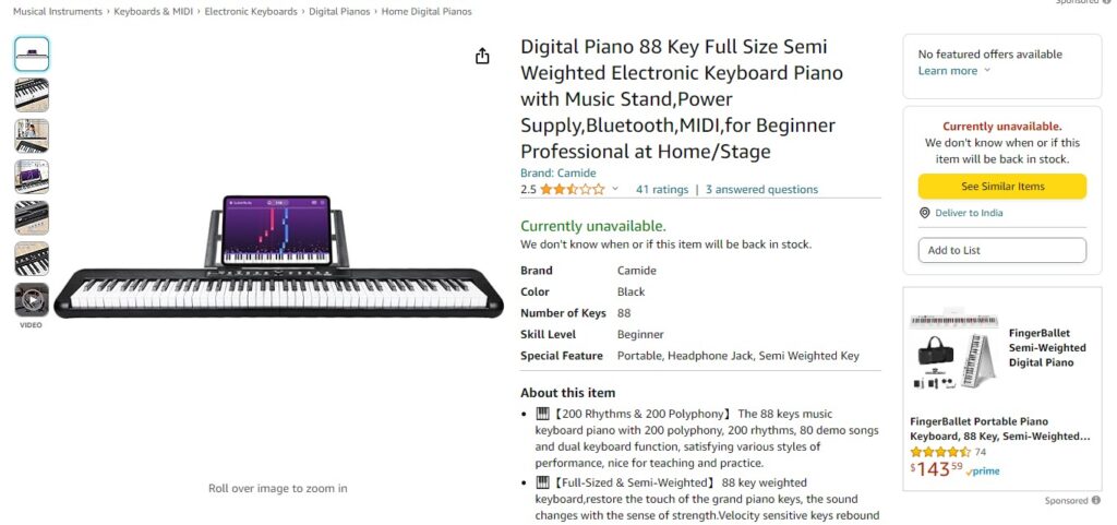 Digital Piano 88 Key Full Size Semi Weighted Electronic Keyboard Piano