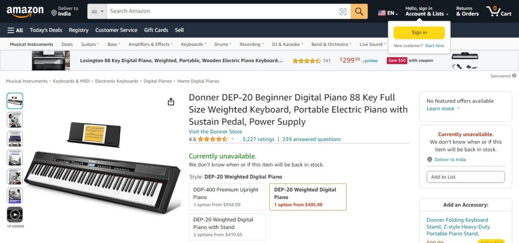 Donner DEP-20 Beginner Digital Piano 88 Key Full Size Weighted Keyboard