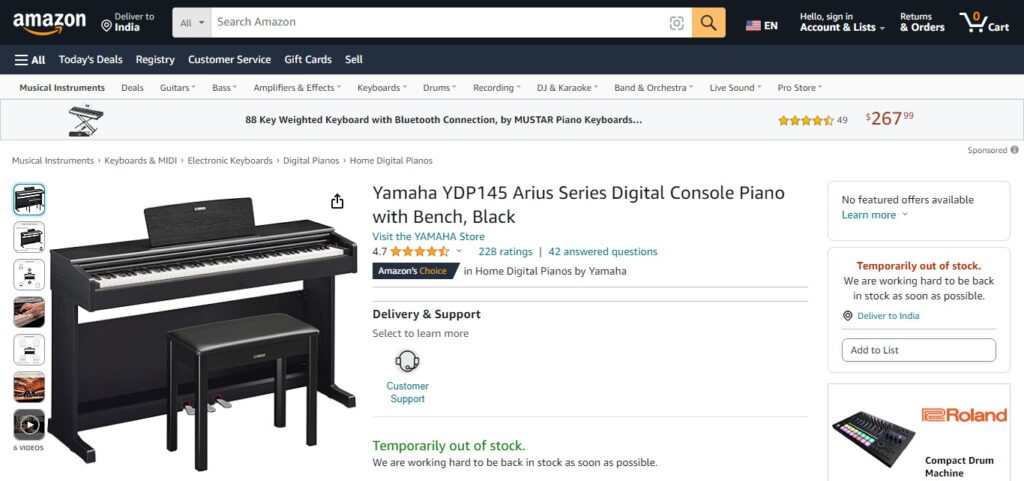 Yamaha YDP145 Arius Series Digital Console Piano with Bench, Black