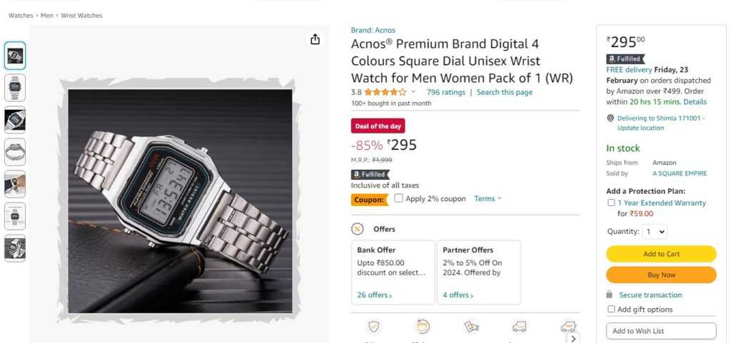 Acnos® Premium Brand Digital 4 Colours Square Dial Unisex Wrist Watch for Men Women Pack of 1 (WR)