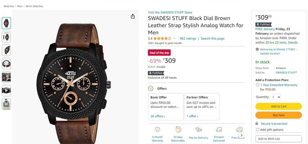 SWADESI STUFF Black Dial Brown Leather Strap Stylish Analog Watch for Men