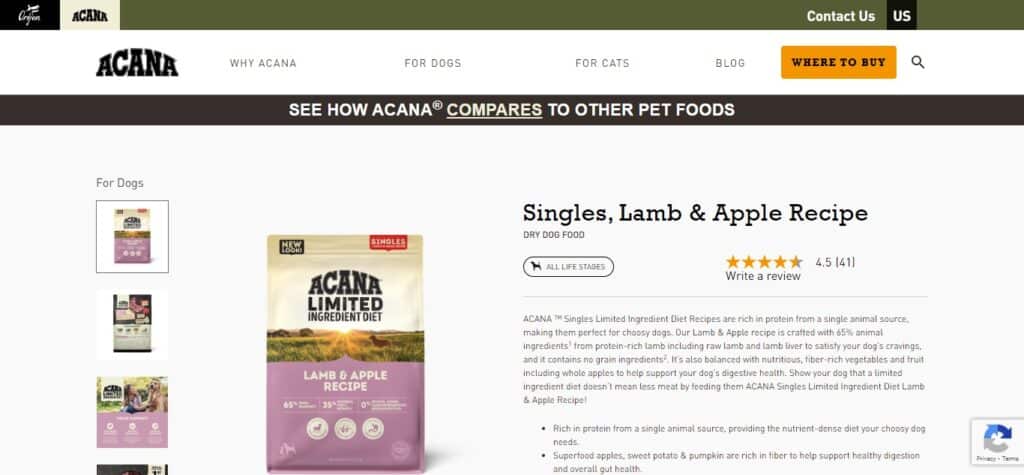 8. Acana Singles Limited Ingredient Diet Lamb & Apple Formula