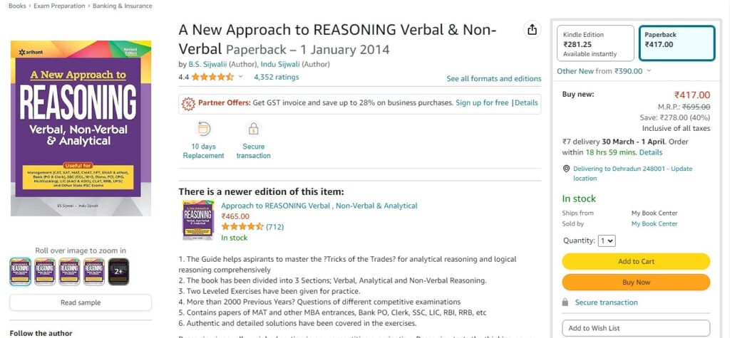 9. "A New Approach to Reasoning: Verbal, Non-Verbal & Analytical" by B.S. Sijwali and Indu Sijwali