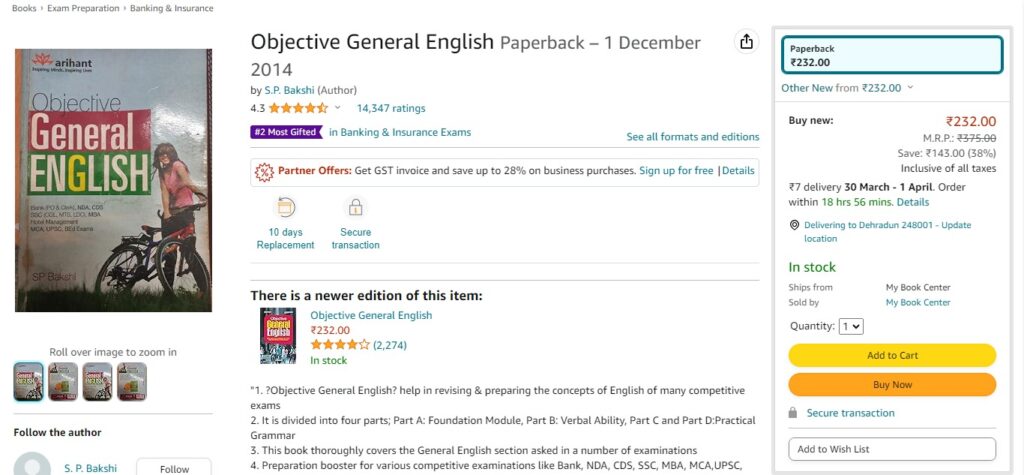 10. "Objective General English" by S.P. Bakshi (Best Book For Banking Exam Preparation)