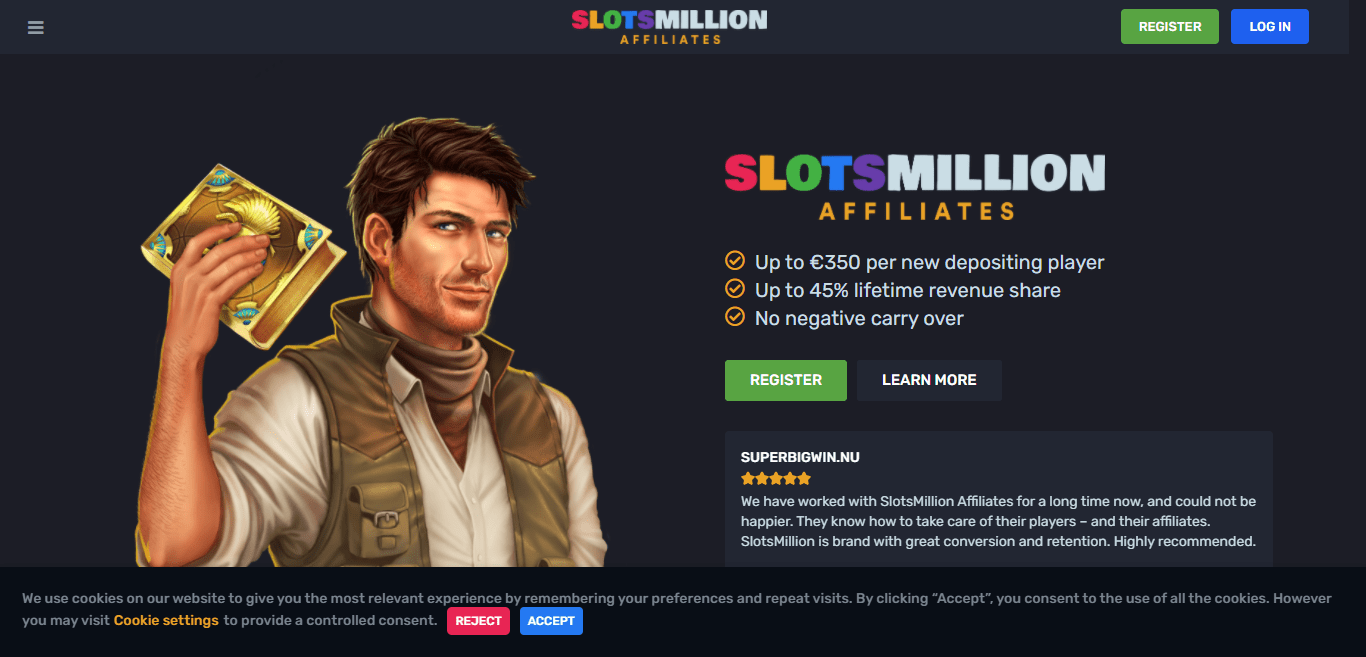 SlotsMillion Affiliate Program Review : Up to €350 per new Depositing Player