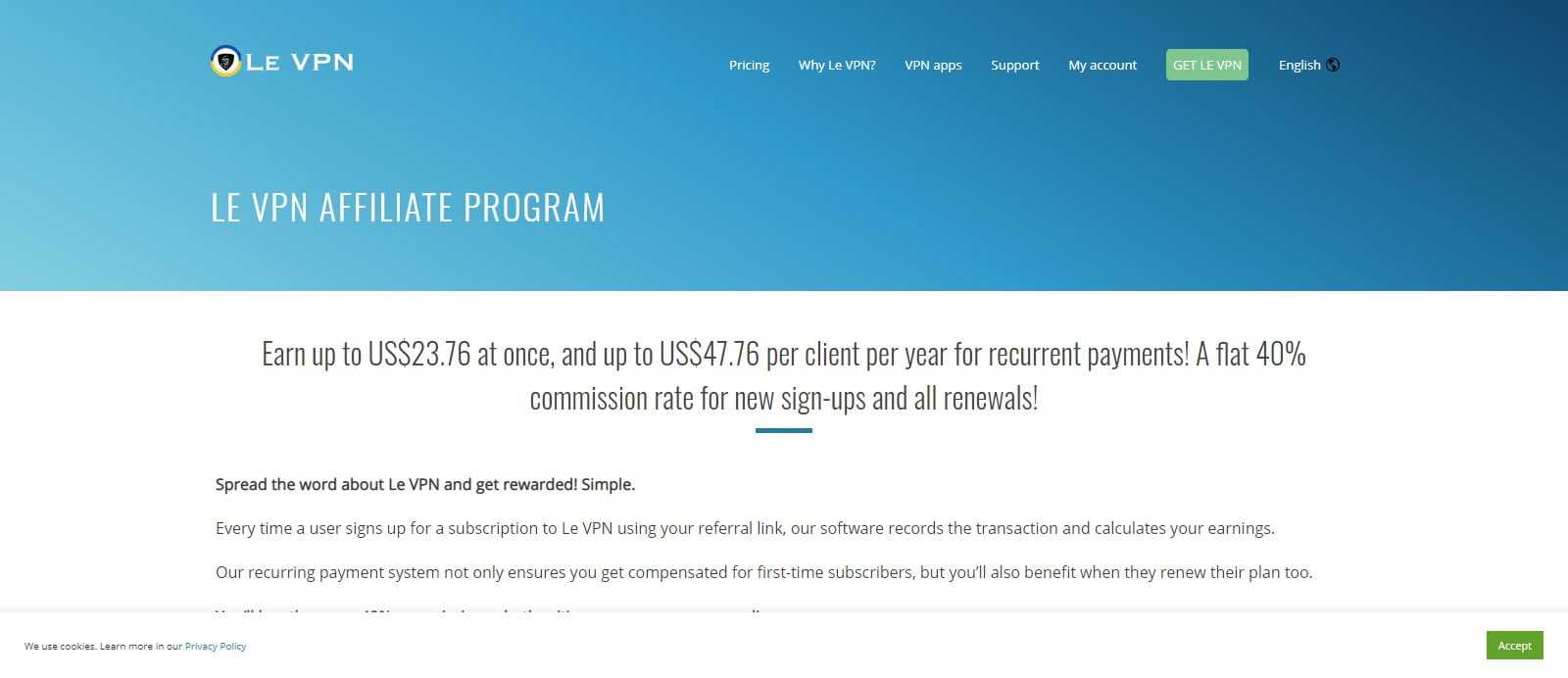 Le VPN Affiliates Program Review: 40% Recurring Commission on Each sale