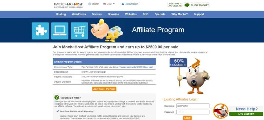 MochaHost Affiliates Program Review: 50% Commission (up to $2500 per sale)