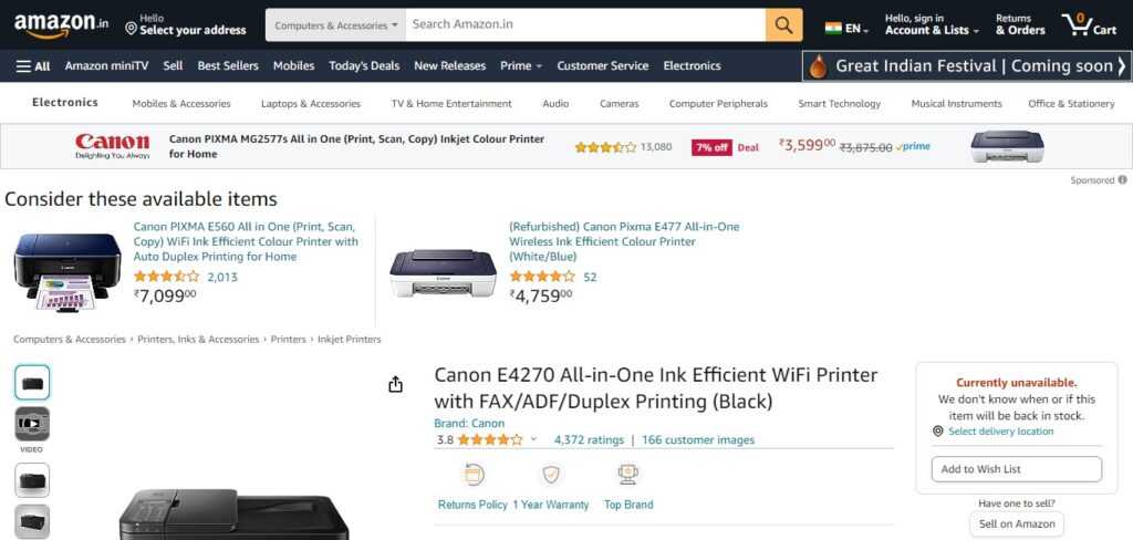.Canon E4270 All-in-One Ink Efficient WiFi Printer with FAX/ADF/Duplex Printing (Black)