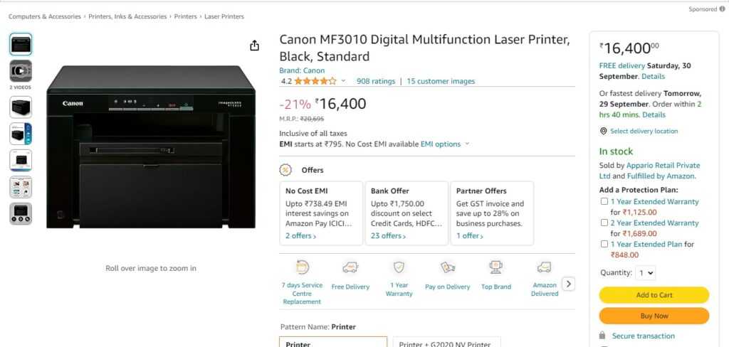 46.Canon MF3010 Digital Multifunction Laser Printer, Black, Standard