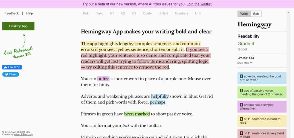 Hemingway app 