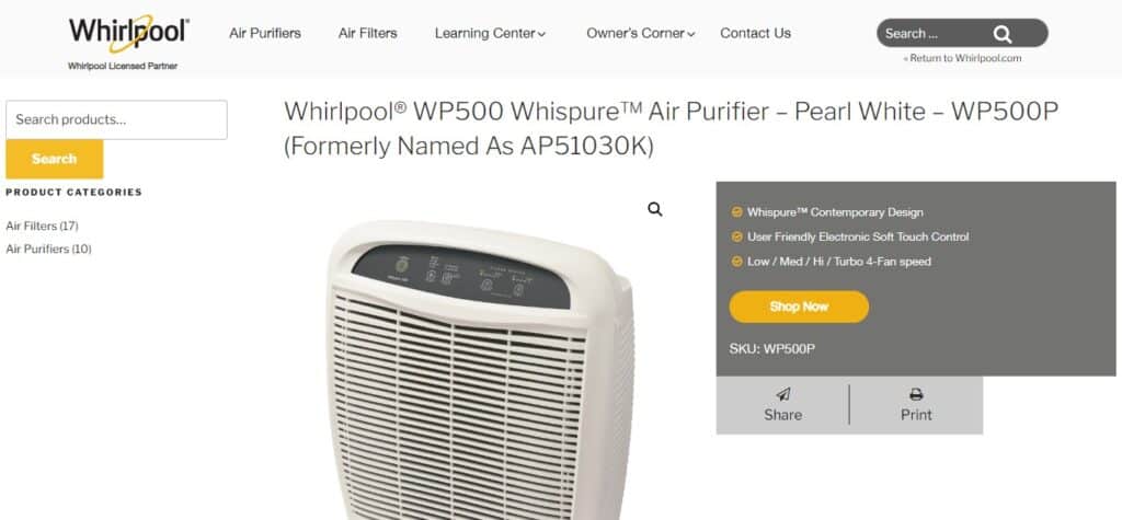 12. Whirlpool Whispure Air Purifier AP51030K